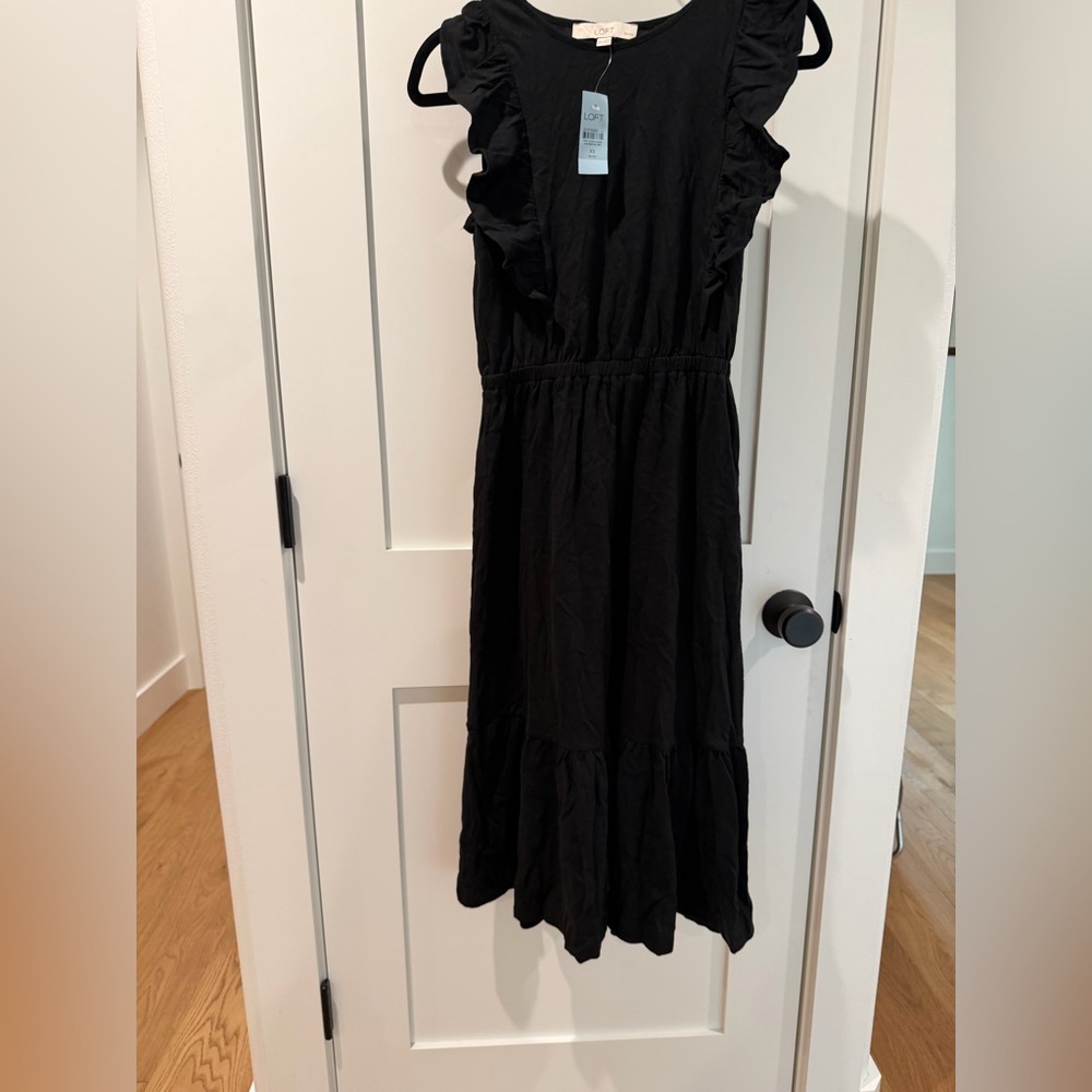LOFT Black Ruffle-Trim Midi Dress